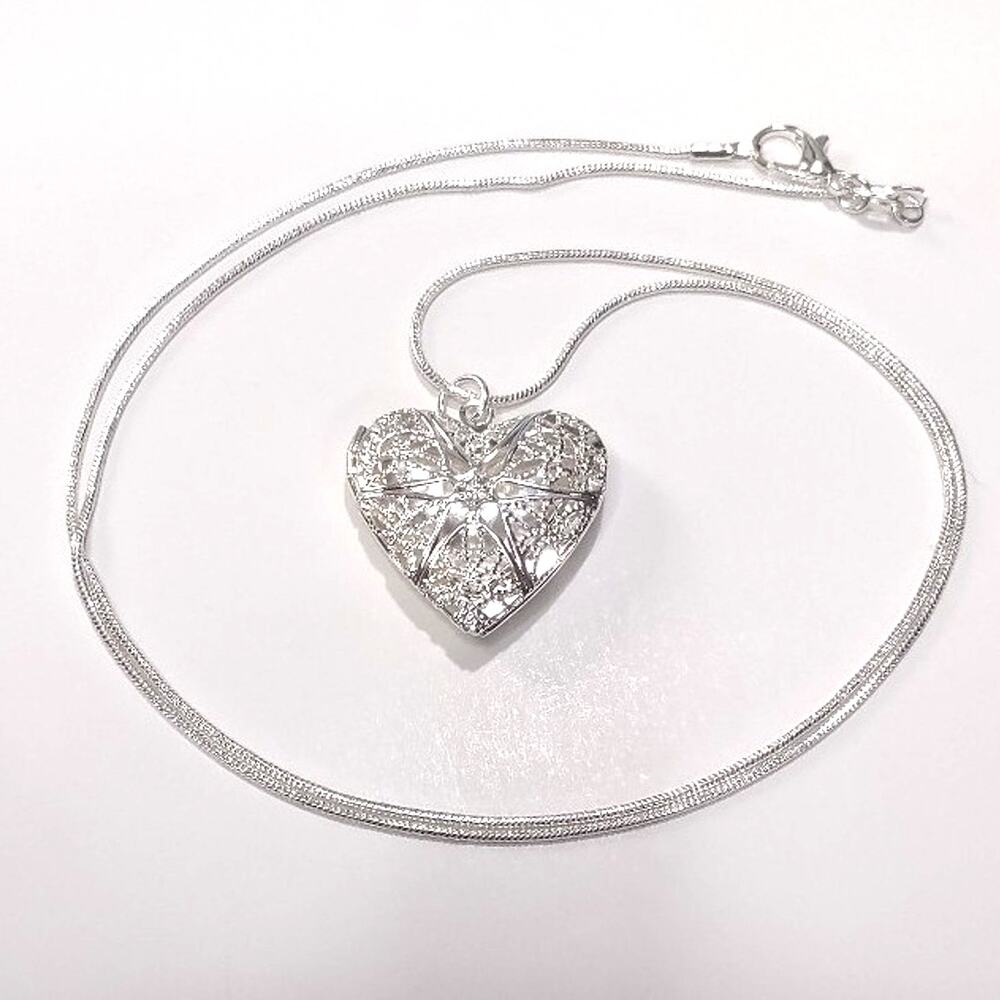 925 Silver Necklace Heart Locket Star Lattice Pattern Valentines Birthday Gift - Picture 5 of 8